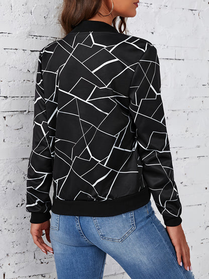 Antmvs Geo Print Zipper Front Jacket, Casual Long Sleeve Jacket For Spring & Fall, Women's Clothing