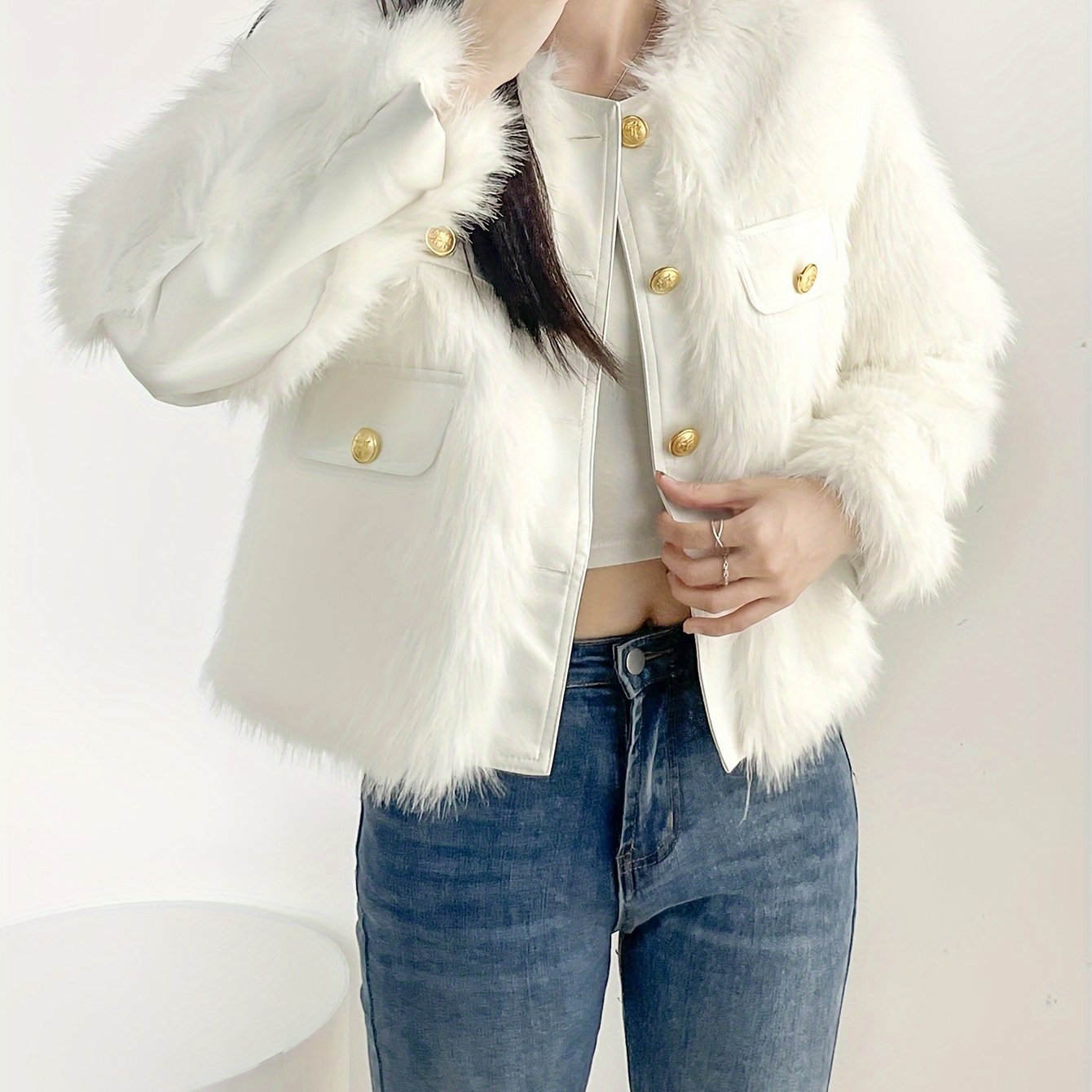 Antmvs Button Front Faux Fur Coat, Elegant Long Sleeve Coat For Fall & Winter, Women's Clothing