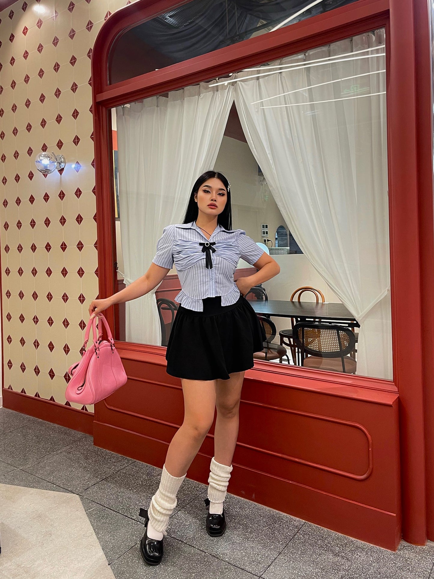 Antmvs Jennie Plus Size Blue Stripe Short Sleeve Bow Silver Brooch Button Up Top + Plus Size Solid Color High Waist Pleated Mini Skirt Cute Matching Set