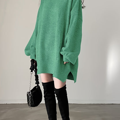 Antmvs Solid Turtle Neck Oversized Sweater, Casual Long Sleeve Split Sweater, Women's Clothing