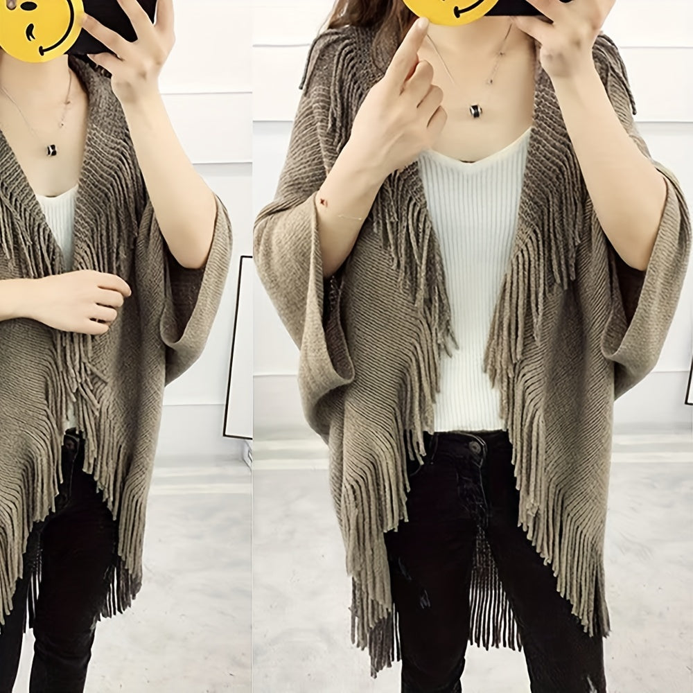 Antmvs Solid Color Knitted Tassel Shawl With Sleeves Loose Casual Soft Cardigan Coat Autumn Winter Women's Warm Stretch Shawl Cape