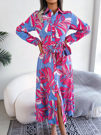 Antmvs Tied Waist Split-Joint Printed Loose Long Sleeves Lapel Shirt Dress