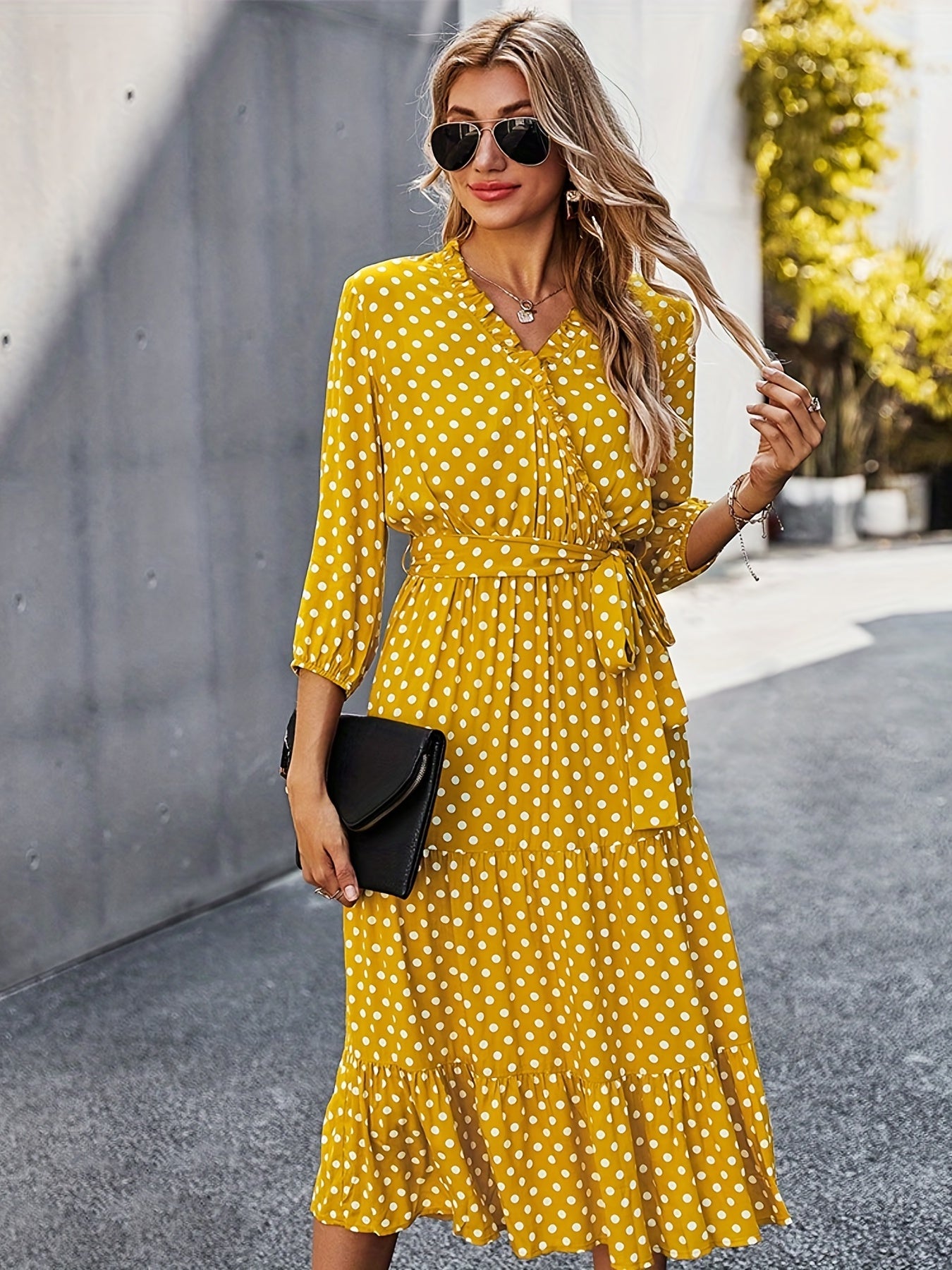 Antmvs Polka Dot Print 3/4 Sleeve Dress, Elegant Wrap Neck Midi Dress, Women's Clothing