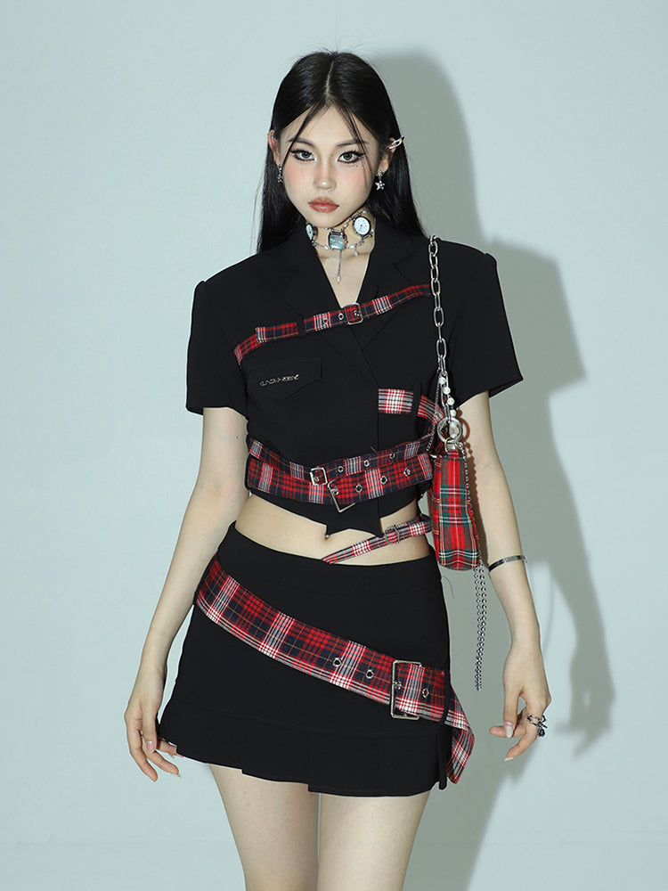 Antmvs Suzy Red Plaid Short Sleeve Waist Belt Cropped Top + High Waist Black Belt Mini Skirt Matching Set