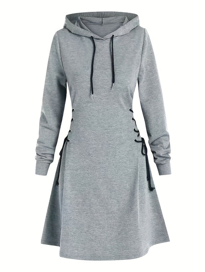 Antmvs Drawstring Hooded Dress, Casual Long Sleeve Solid Dress, Women's Clothing