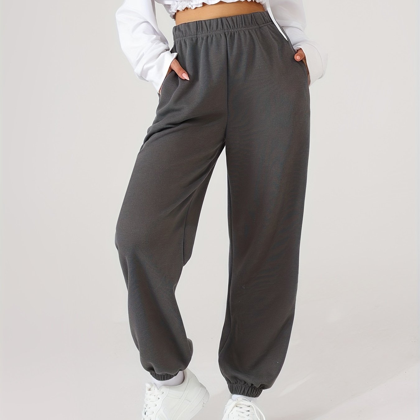 Antmvs Women's Elastic  Solid Color High Waist Sweatpants Autumn And Winter, Comfortable Loose Workout Pocket Jogger Pants, Women's Activewear