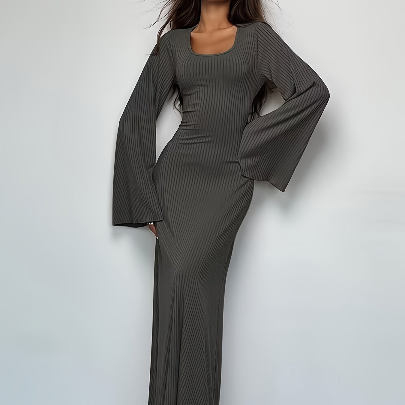 Antmvs Solid Flared Long Sleeve Dress, Casual Squared Neck Maxi Dress, Women's Clothing