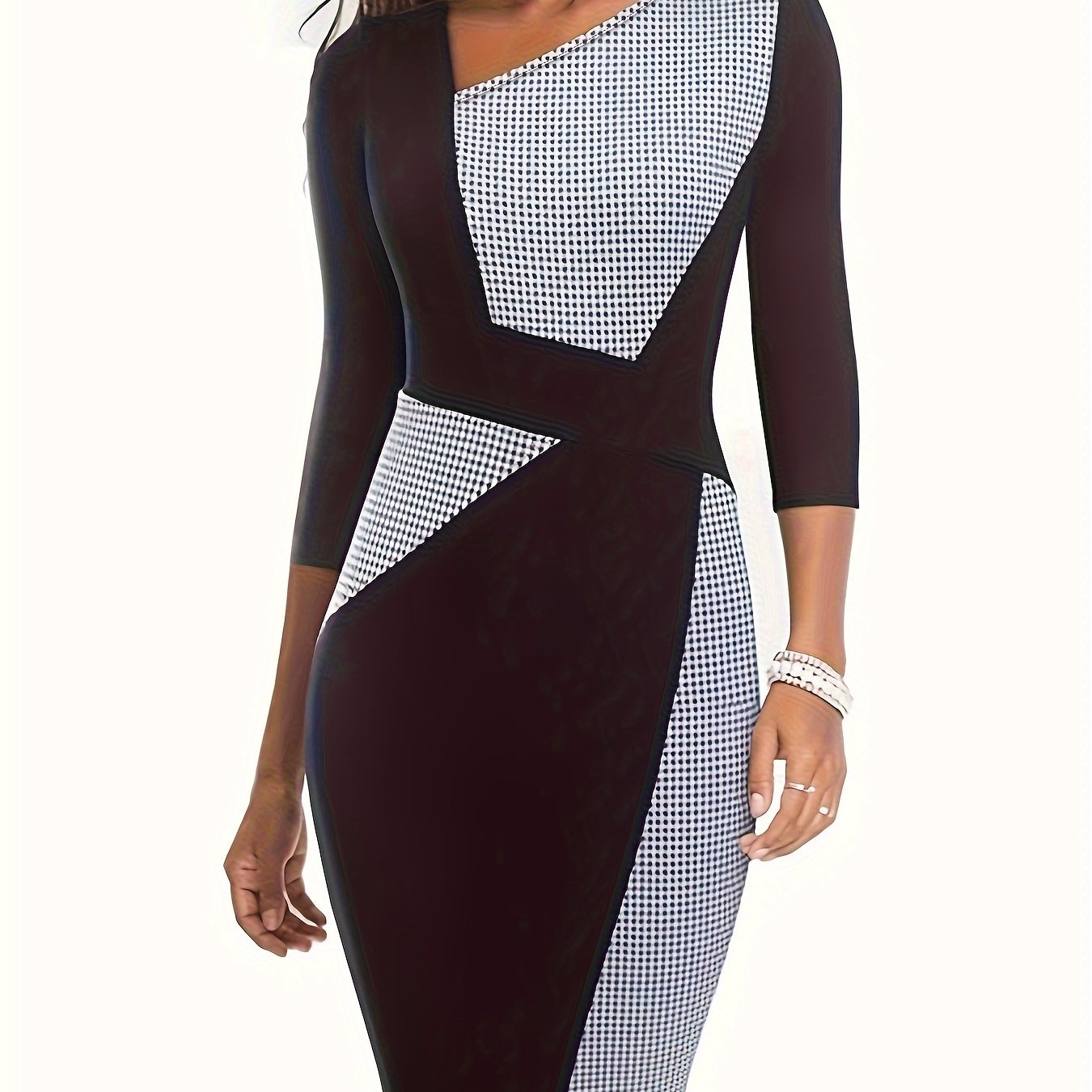Antmvs Plus Size Casual Dress, Women's Plus Colorblock Houndstooth Print Half Sleeve Irregular Neck Slim Fit Dress