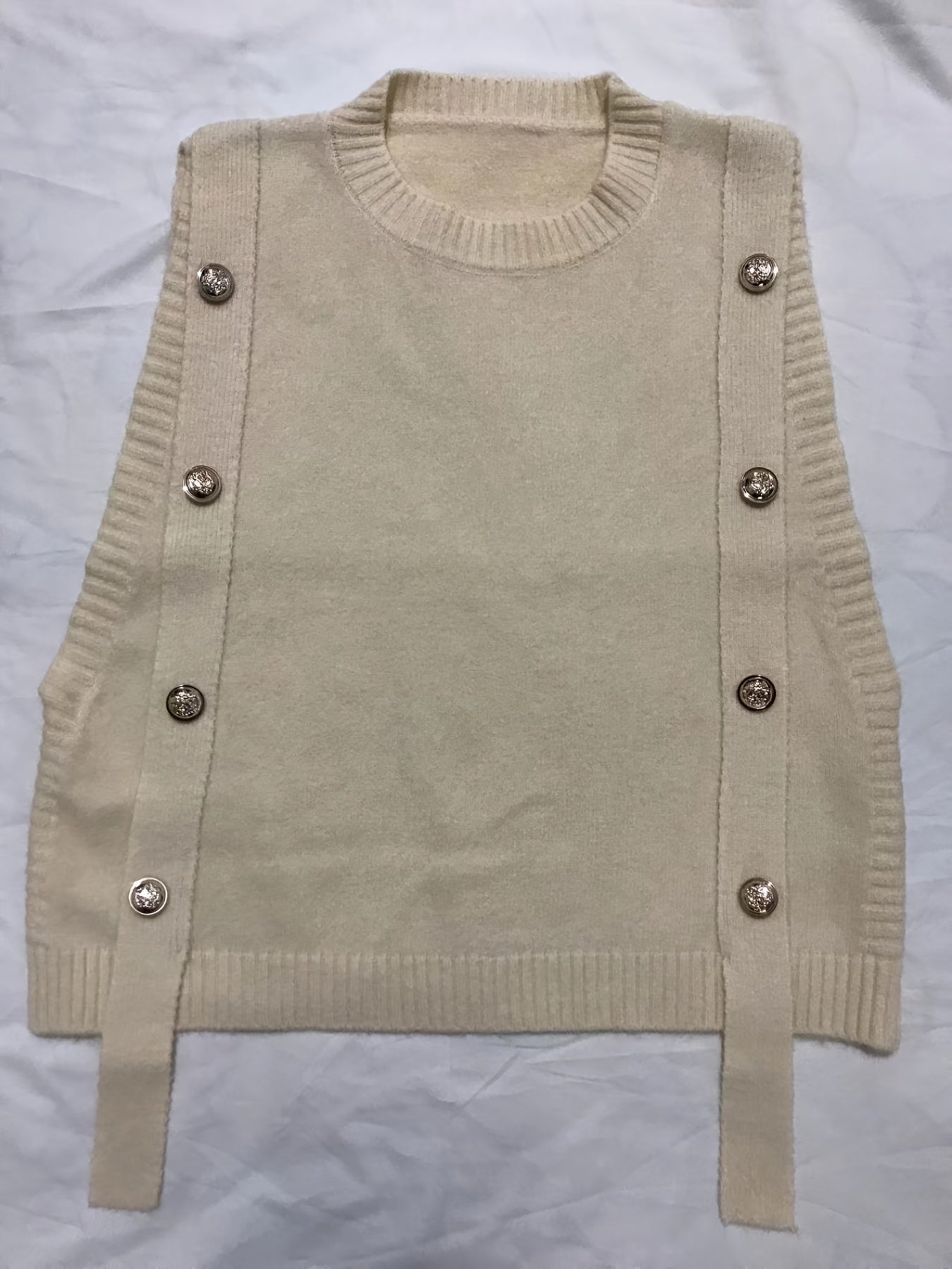 Antmvs Solid Button Sweater Vest, Crew Neck Sweater Vest For Fall & Winter, Women's Clothing