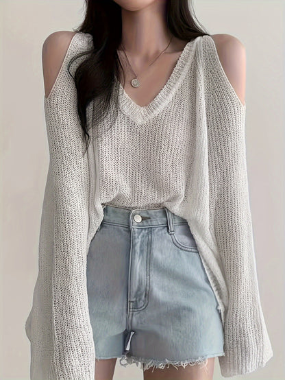 Antmvs Solid V Neck Thin Pullover Sweater, Casual Cold Shoulder Long Sleeve Loose Sweater, Women's Clothing