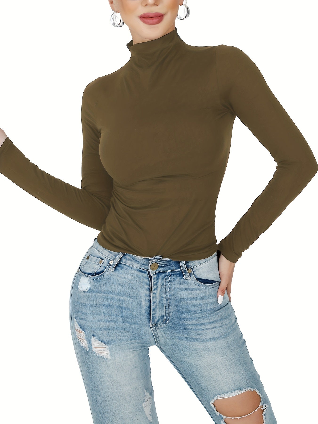 Antmvs Women's Casual High Neck Long Sleeve T-Shirts, Solid Color Turtleneck Basic T Shirt, Women's Tops