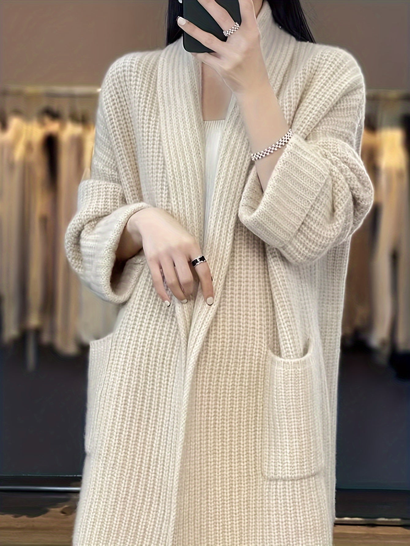 Antmvs Solid Open Front Knit Cardigan, Casual Long Sleeve Oversized Sweater Coat With Pocket, Women's Clothing