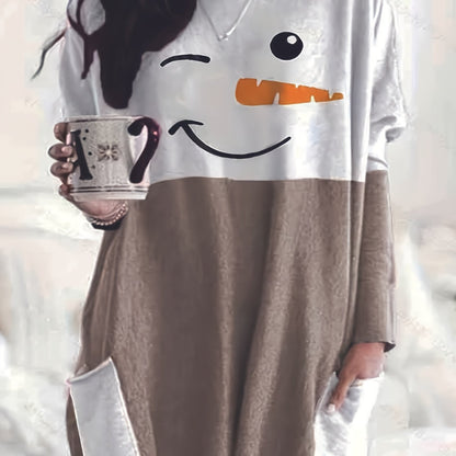 Antmvs Plus Size Christmas Cute Dress, Women's Plus Snowman Print Long Sleeve Round Neck Tee Dress With Pockets