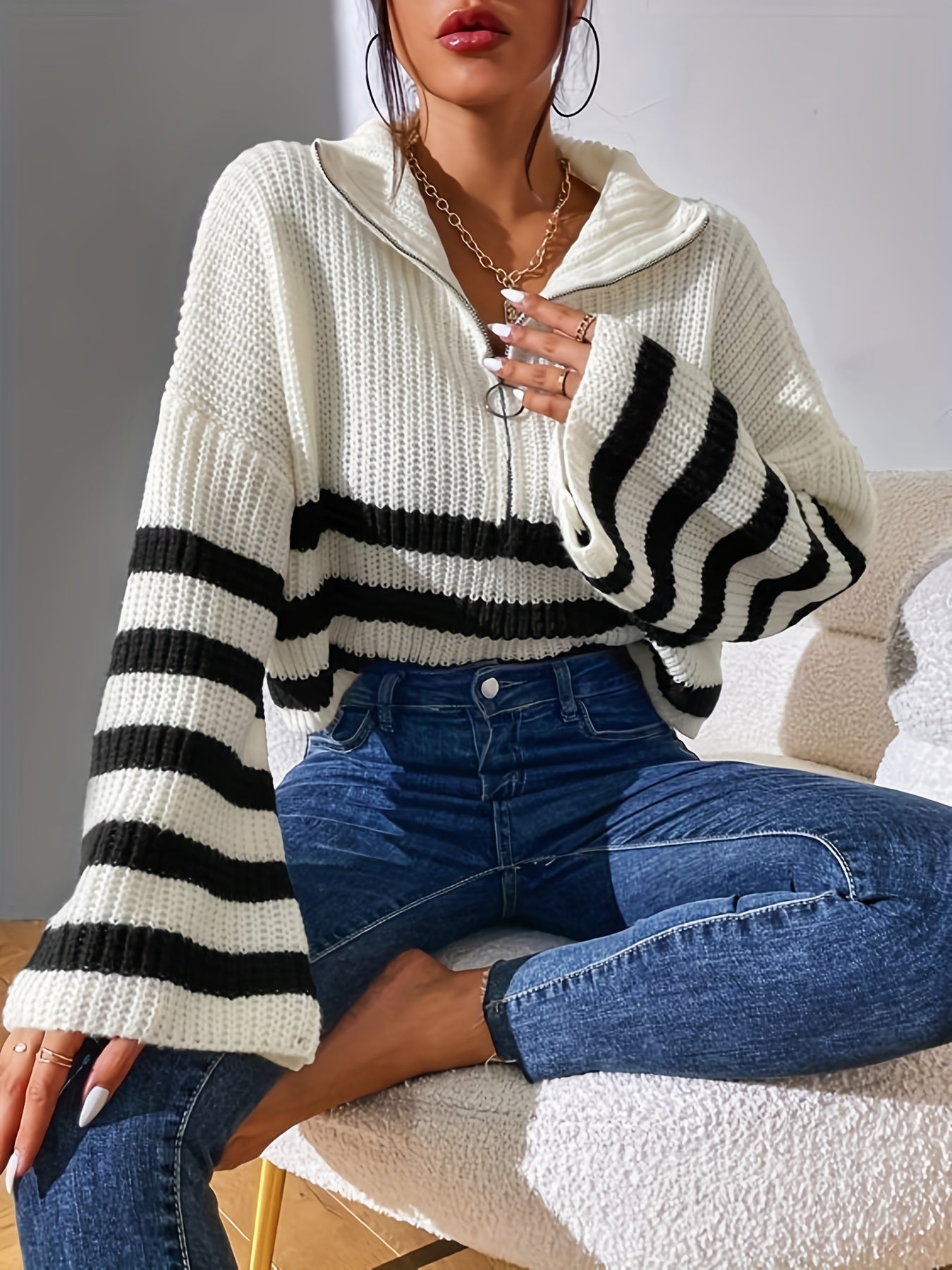 Antmvs Striped Pattern Half Zip Pullover Sweater, Casual Bell Sleeve Sweater For Fall & Winter, Women's Clothing