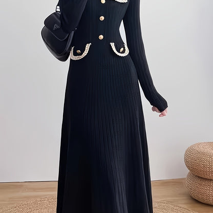 Antmvs Button Front High Waist Dress, Elegant Long Sleeve Midi Dress, Women's Clothing