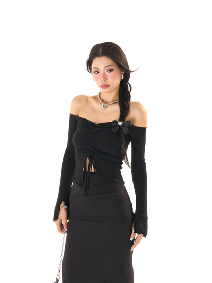 Antmvs Zerocircle Solid Color Knitwear Off-the-Shoulder Ruched Long Flare Sleeve Cropped Top