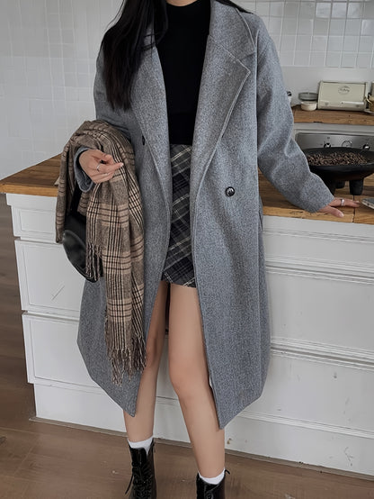 Antmvs Double Breasted Lapel Coat, Casual Long Sleeve Fall & Winter Outerwear, Women's Clothing