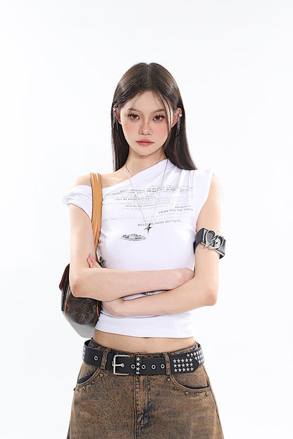 Antmvs Loid Solid Color Graphic Letter Print Off-the-Shoulder Irregular Slim Slanted Shoulder Top