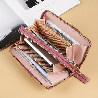 Women's Multi-Functional Wallet, Double Zipper, Casual Style Faux Leather, Clutch Purse With Coin Pocket, Cash Holder And Phone Pouch