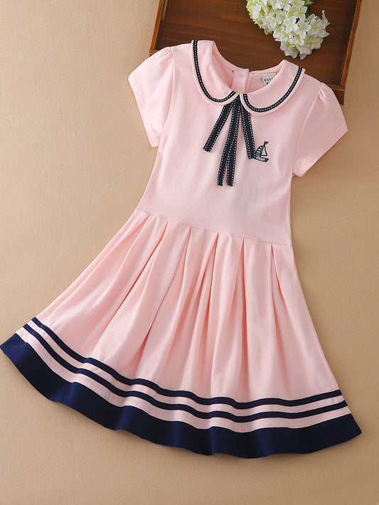 96% Cotton Midi Trapeze Dress for Girls - Lapel Collar, Short Sleeve, Preppy Style, Solid Color, Machine Washable - Perfect for Spring/Fall, Party, Gift