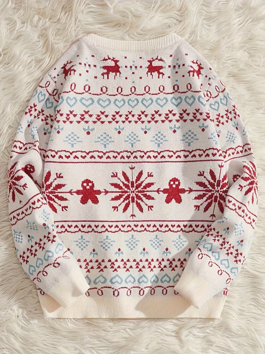 Antmvs Christmas Snowflake Pattern Knitted Pullover Sweater, Casual Long Sleeve Sweater For Fall & Winter, Women's Clothing