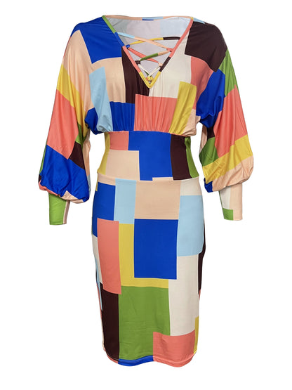 Antmvs Colorful Patchwork Print Dress, Casual Criss Cross V Neck Lantern Sleeve Dress, Women's Clothing