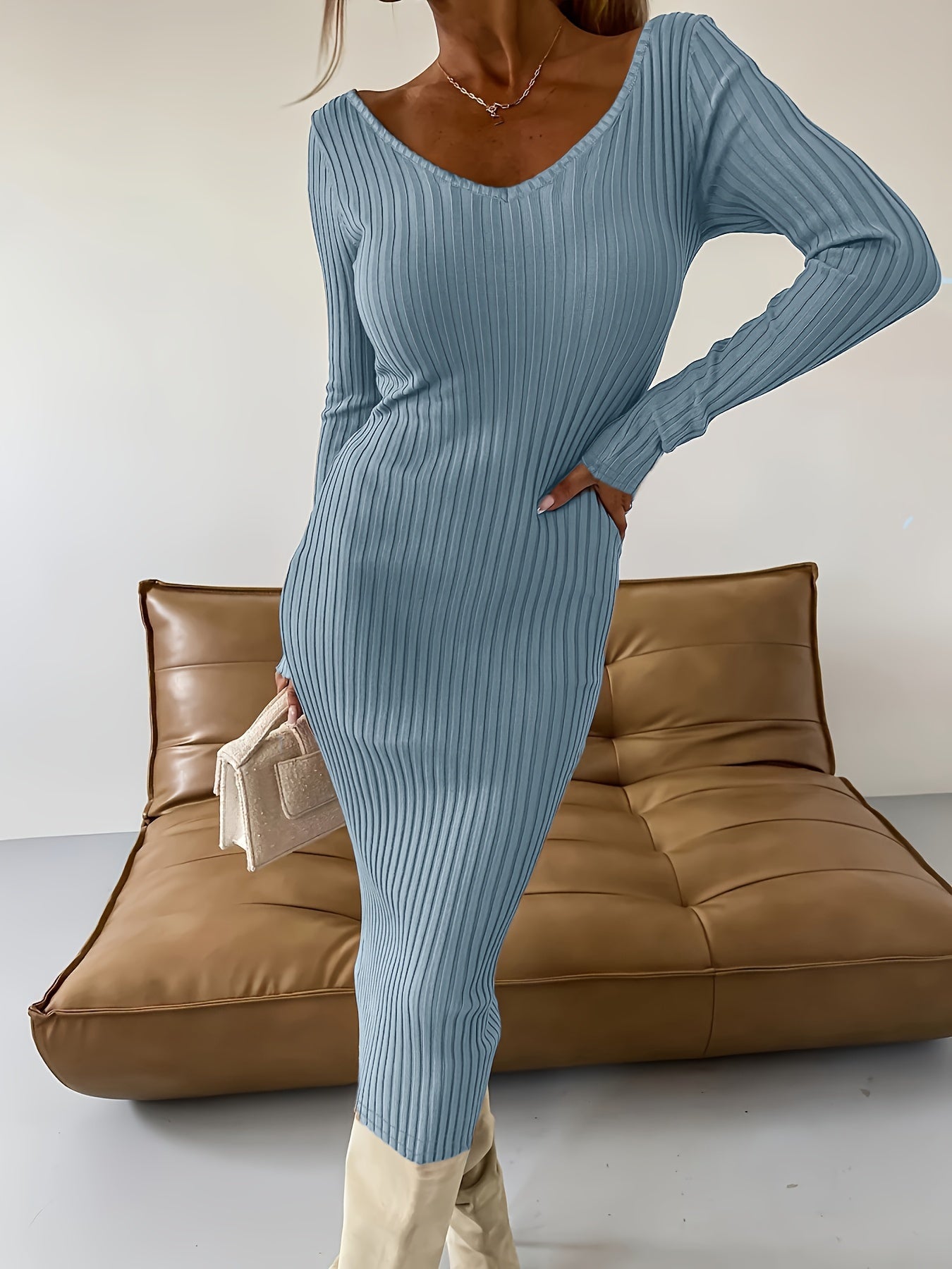 Antmvs Ribbed Solid Bodycon Dress, Elegant V Neck Long Sleeve Dress, Women's Clothing