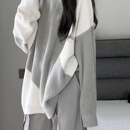 Antmvs Color Block Oversized Pullover Sweater, Casual Crew Neck Long Sleeve Sweater, Women's Clothing