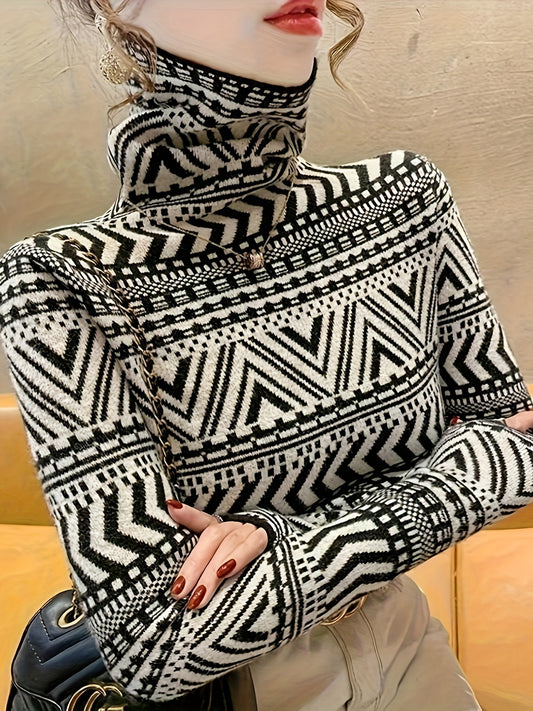 Antmvs Geo Pattern Turtle Neck Pullover Sweater, Elegant Long Sleeve Fashion Slim Sweater, Women's Clothing