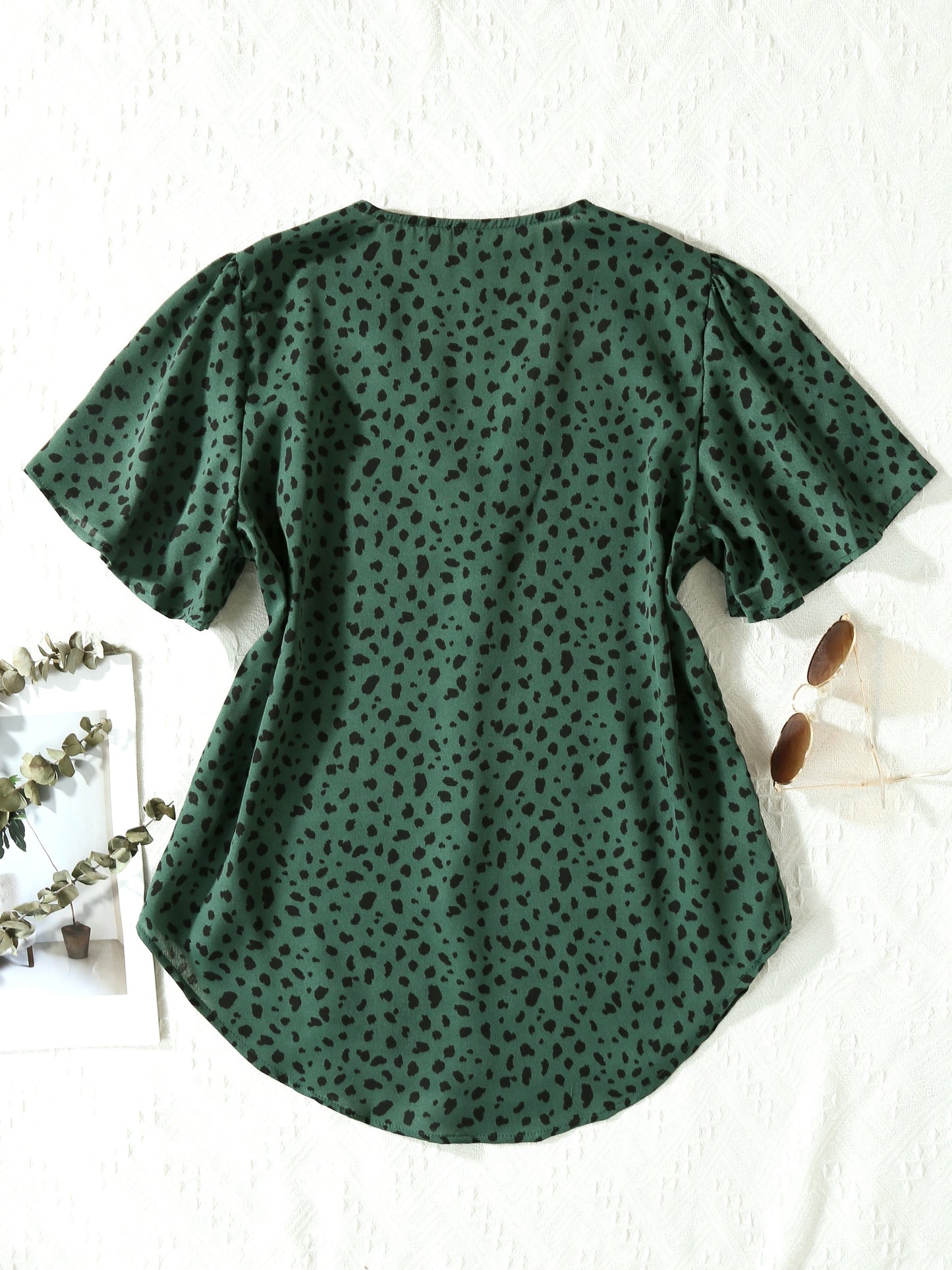 Antmvs  Dalmatian Print V Neck Blouse, Elegant Short Sleeve Blouse For Spring & Summer, Women's Clothing