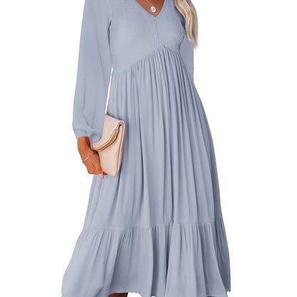 Antmvs Casual Solid Draped Midi Dress, Sexy Long Sleeve V-neck Loose Flowy Swing Babydoll Dresses, Women's Clothing