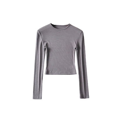 Antmvs Willy Solid Color Ribbed Round Neck Slim Long Sleeve Cropped Bodysuit Top