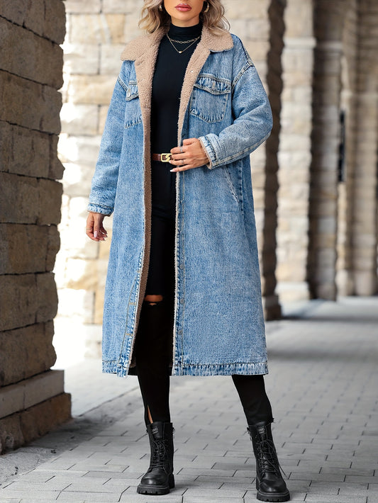 Antmvs Plain Fleece Liner Long Denim Coat, Long Sleeves Drop Shoulder Casual Denim Jackets, Women's Denim Clothing