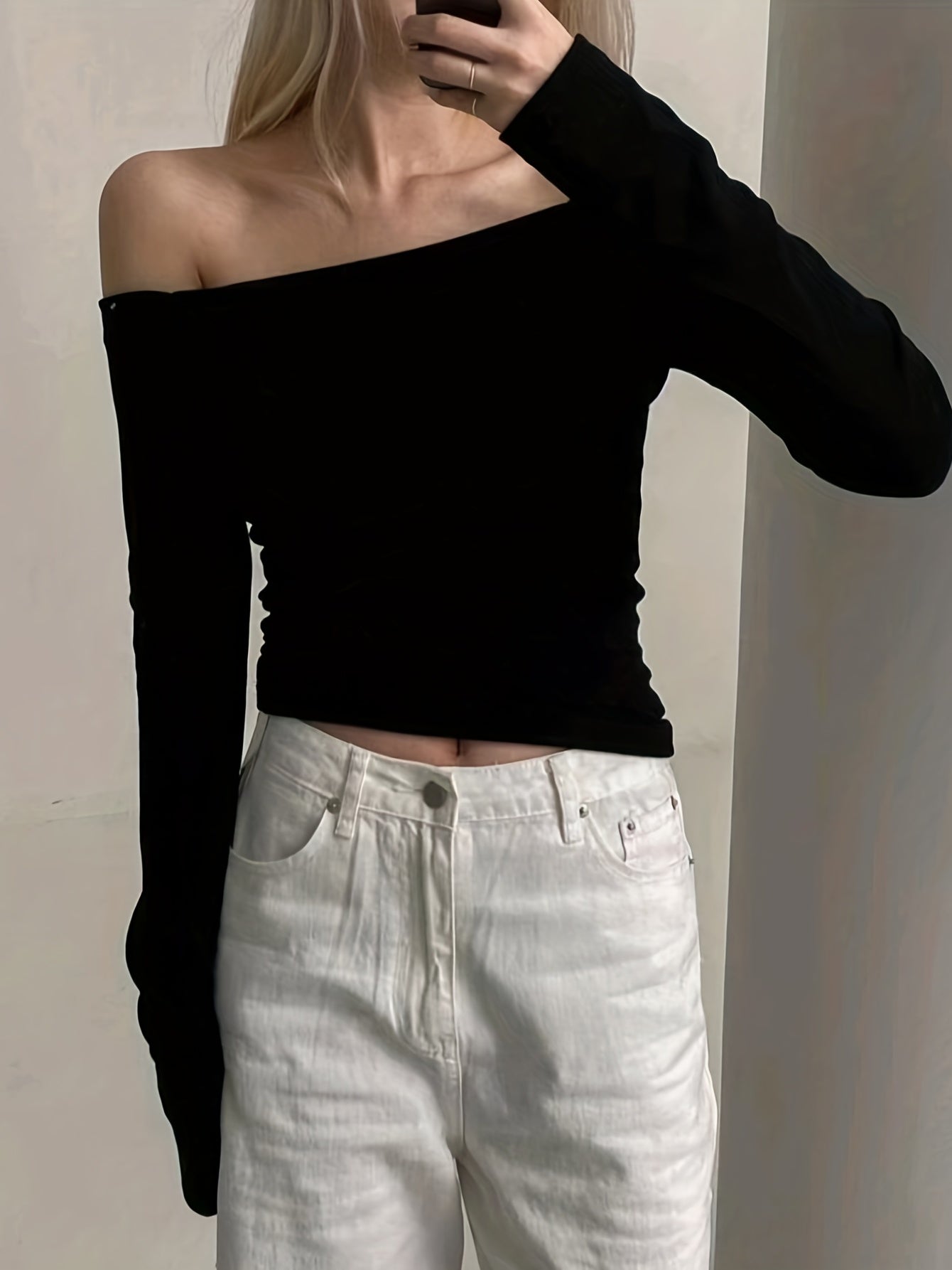 Antmvs Solid Off Shoulder T-Shirt, Casual Slim Long Sleeve Top For Spring & Fall, Women's Clothing