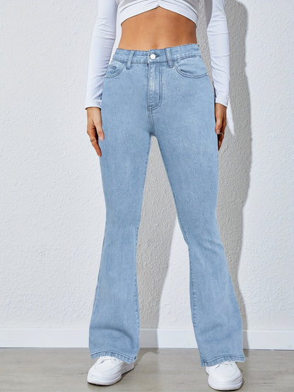 Antmvs High Waist High Strech Light Blue Bootcut Jeans, Zipper Button Closure Flare Leg Causal Denim Pants, Women's Denim Jeans & Clothing