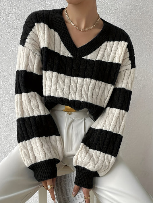 Antmvs Color Block Drop Shoulder Sweater, Casual Long Sleeve Sweater For Fall & Winter, Women's Clothing