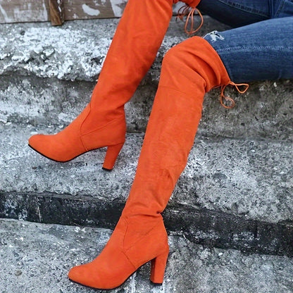 Women's Solid Color Block Heeled Boots, Fashion Slip On Over The Knee Boots, Stylish Dress Boots