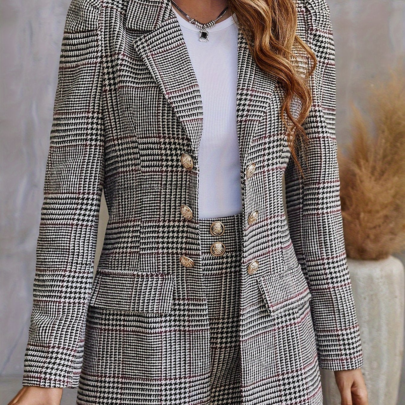 Antmvs Elegant Two-piece Set, Double Breasted Blazer & Mini Skirt Outfits, Women's Clothing