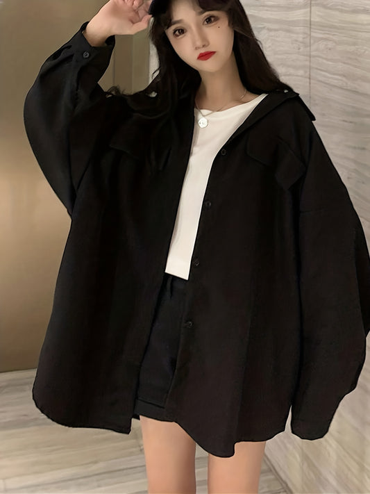 Antmvs Solid Oversized Shirt, Casual Button Front Long Sleeve Collared Shirt, Women's Clothing