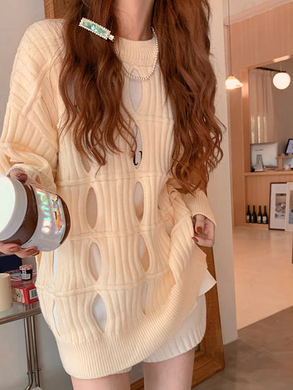 Antmvs Solid Cut Out Pullover Sweater, Casual Long Sleeve Loose Stylish Sweater, Women's Clothing