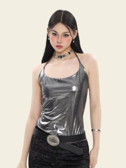 Antmvs Kilien Metallic Silver Halter Sleeveless Top