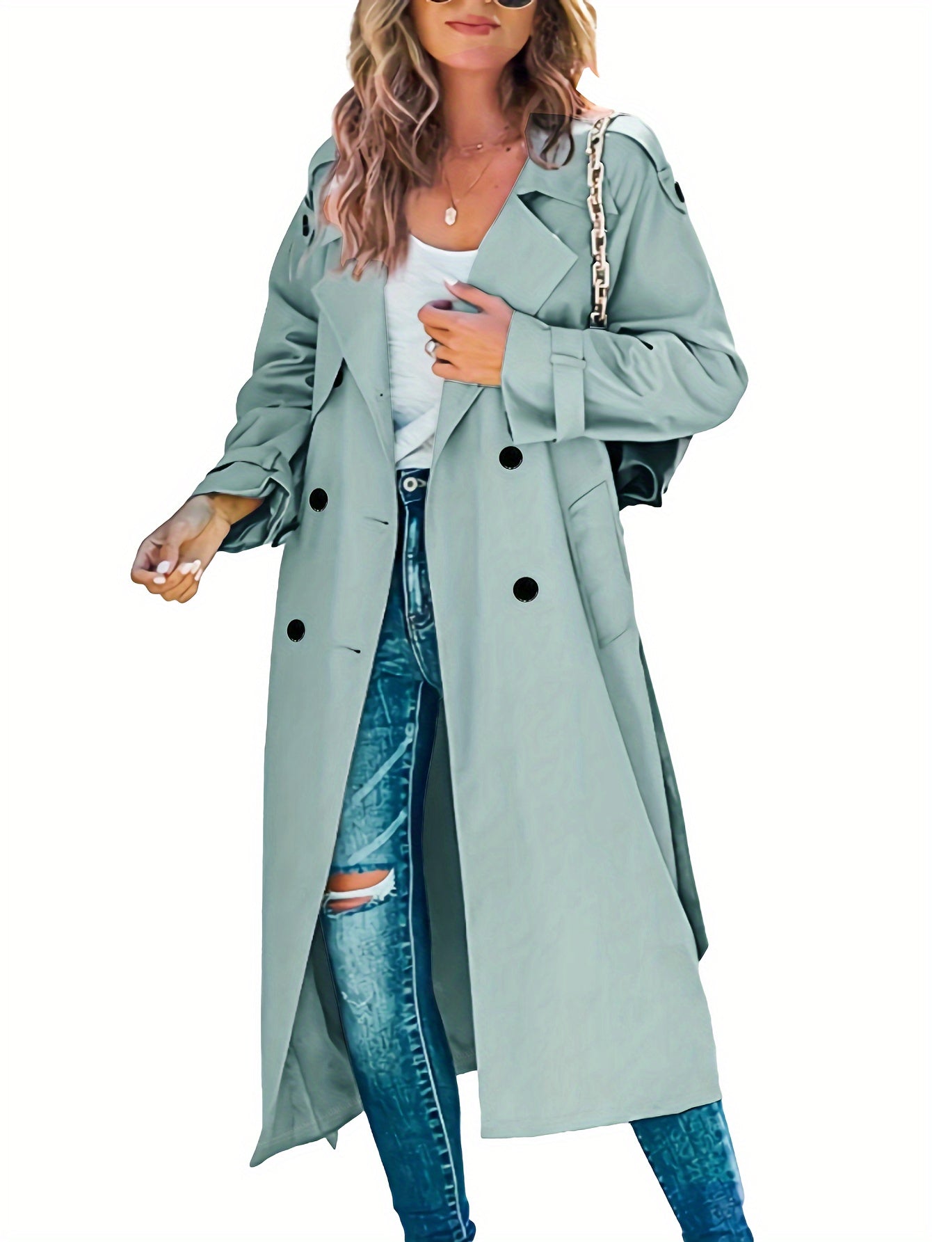 Antmvs Double Breasted Solid Trench Coat, Casual Long Sleeve Mid Length Outerwear, Women's Clothing