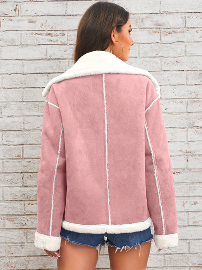 Antmvs Lapel Plush Jacket, Winter Warm Casual Outwear, Women's Clothing