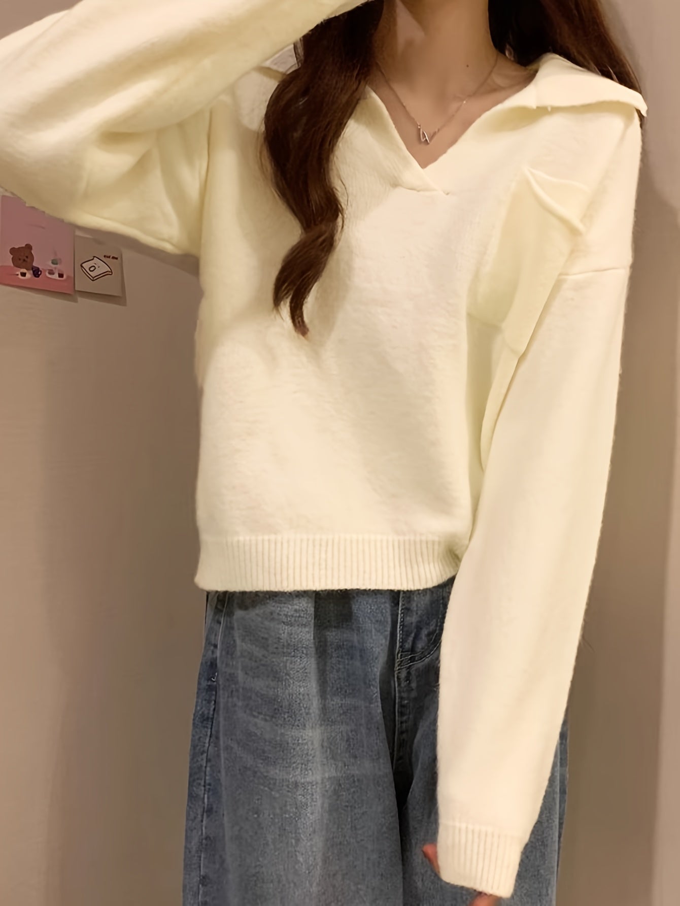 Antmvs Solid Notched Collar Pocket Sweater, Casual Long Sleeve Drop Shoulder Sweater, Women's Clothing