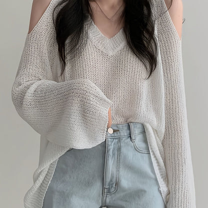 Antmvs Solid V Neck Thin Pullover Sweater, Casual Cold Shoulder Long Sleeve Loose Sweater, Women's Clothing