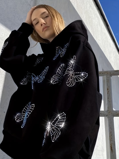 Antmvs Rhinestone Butterfly Hoodie, Casual Long Sleeve Loose Hoodies Sweatshirt, Women's Clothing