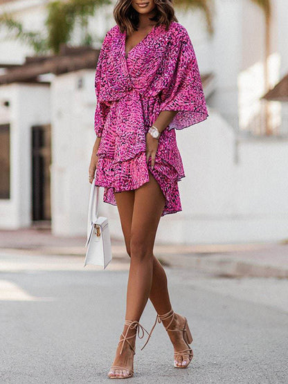 Antmvs Printed Elasticity Double Layered Three-Quarter Sleeves Loose V-Neck Mini Dresses