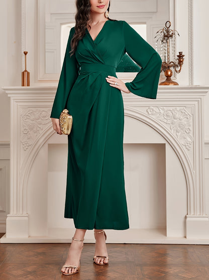 Antmvs Tucked Solid Maxi Dress, Elegant Long Sleeve Bodycon V Neck Dress, Women's Clothing
