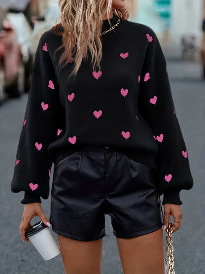 Antmvs Cute Heart Graphic Sweater, Drop Shoulder Long Sleeve Casual Sweater For Fall & Winter, Women's Clothing