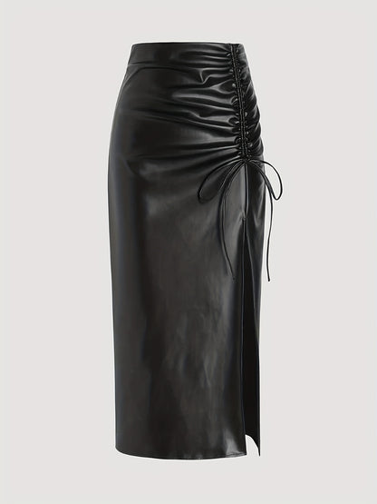 Antmvs Faux Leather Drawstring Split Skirt, Casual High Waist Bodycon Solid Skirt, Women's Clothing